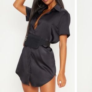 PrettyLittleThing Black Satin Shirt Dress